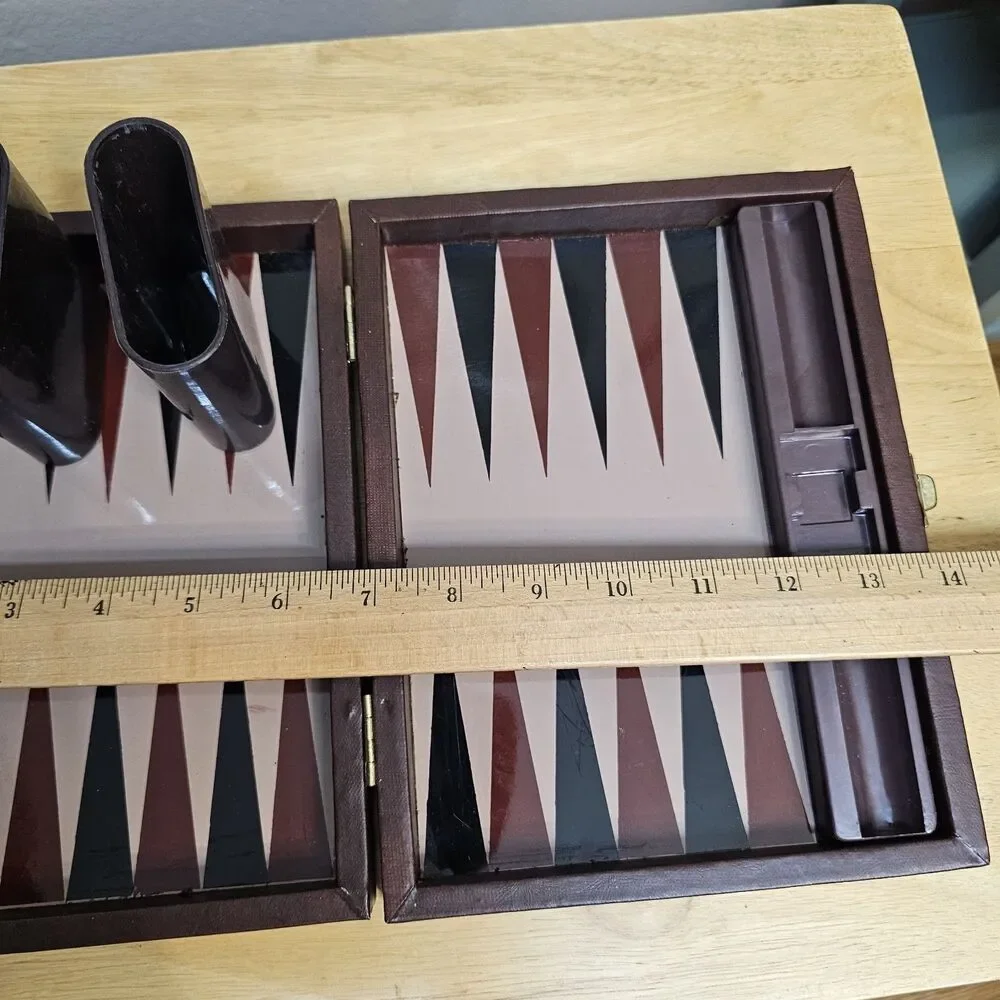 Vintage Travel Backgammon Set Faux Leather Folding Case Complete w/ Dice Cups
